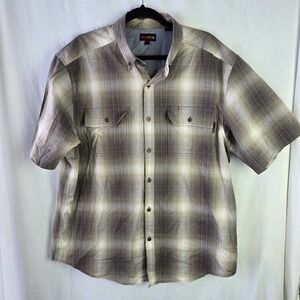 Wolverine Brown Plaid Button Down Short Sleeve Shirt Mens XL Flap Pockets Cotton